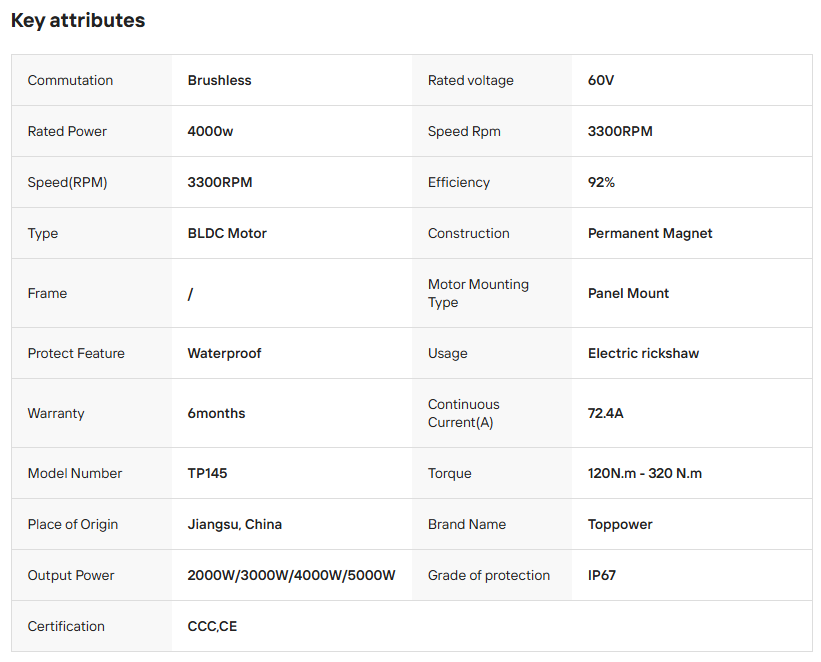 60V 4000W TP-145 IP67 Waterproof Speed 3300 RPM Brushless BLDC Motor for Electric Tricycles